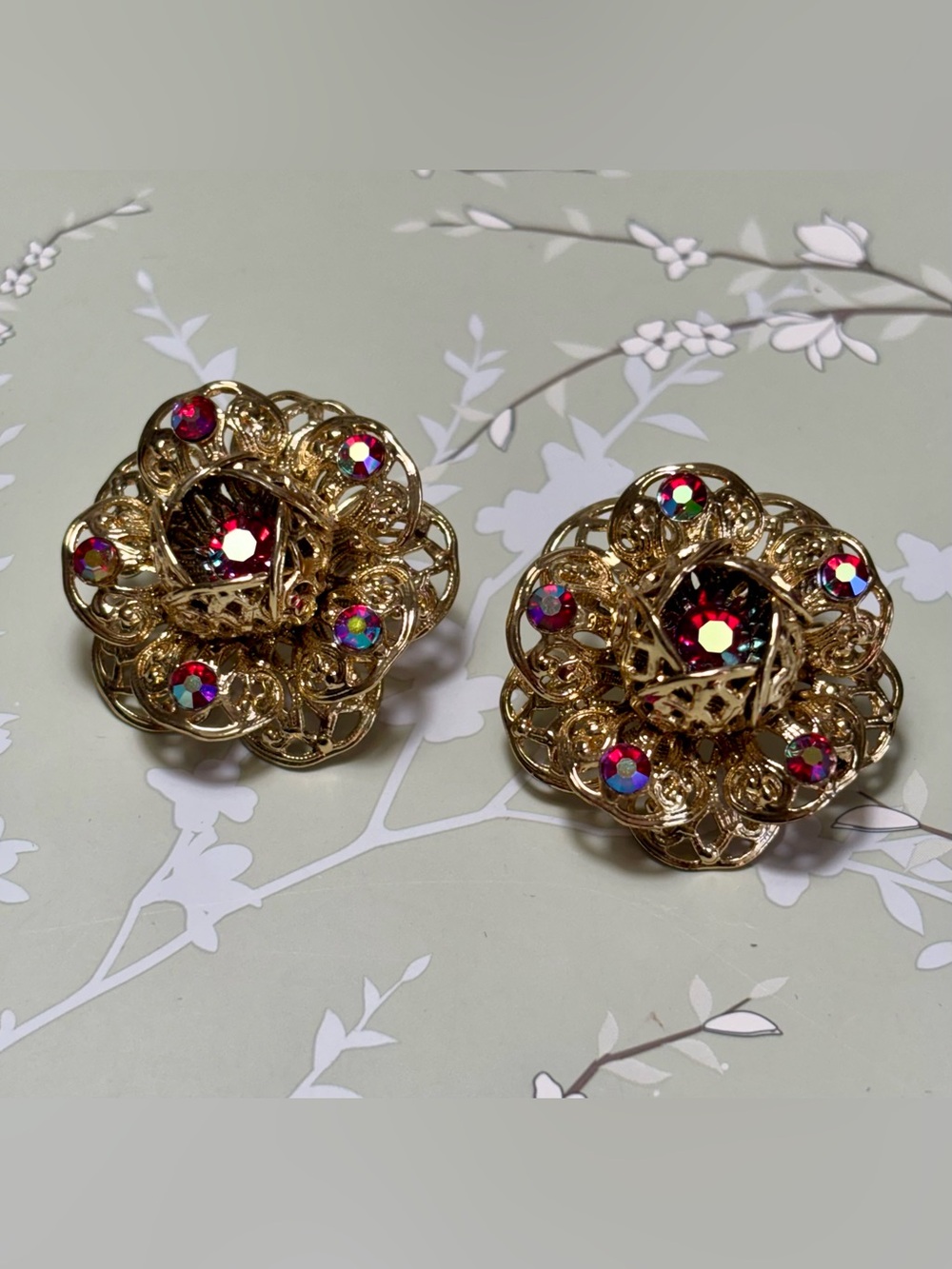 Mid-Century “Sarah Coventry” Gold-Tone Aurora Borealis Clip-On Earrings